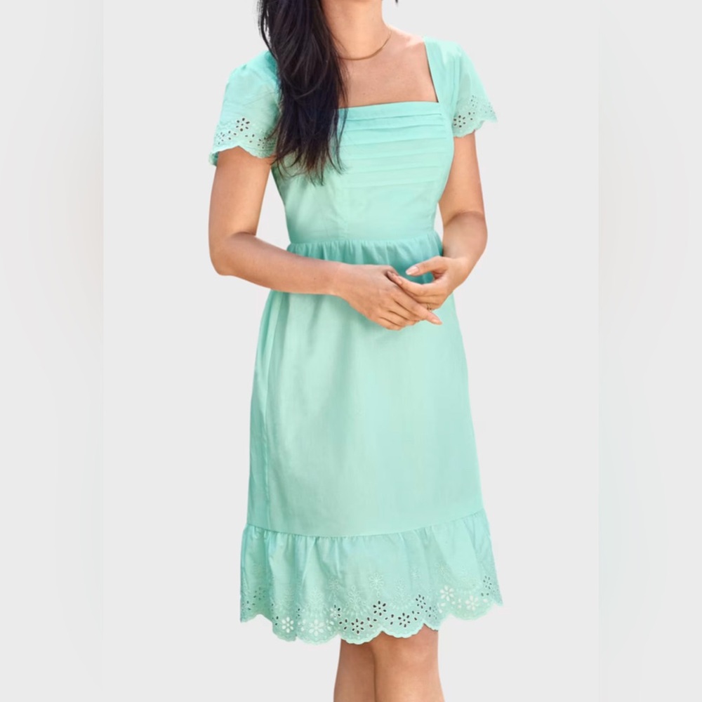 Women’s Mint Blue Square-Neck Dress with Eyelet Trim